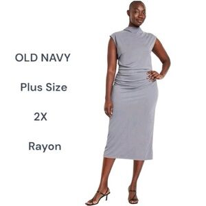 OLD NAVY Grey Ruched Midi Dress Mock Neck Rayon Women’s Plus Size 2X